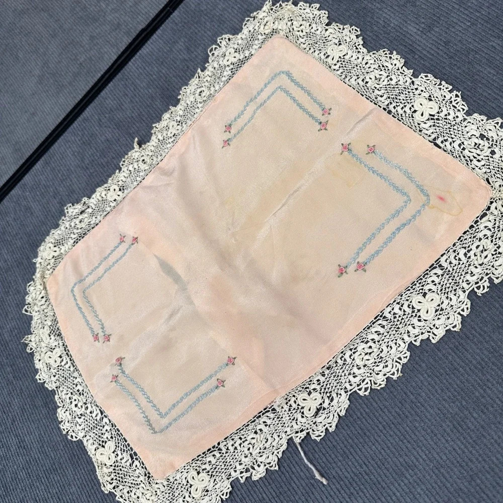 Vintage Pink Silk Boudoir Pillow Sham Embroidered Floral Lace Trim Snap Closure